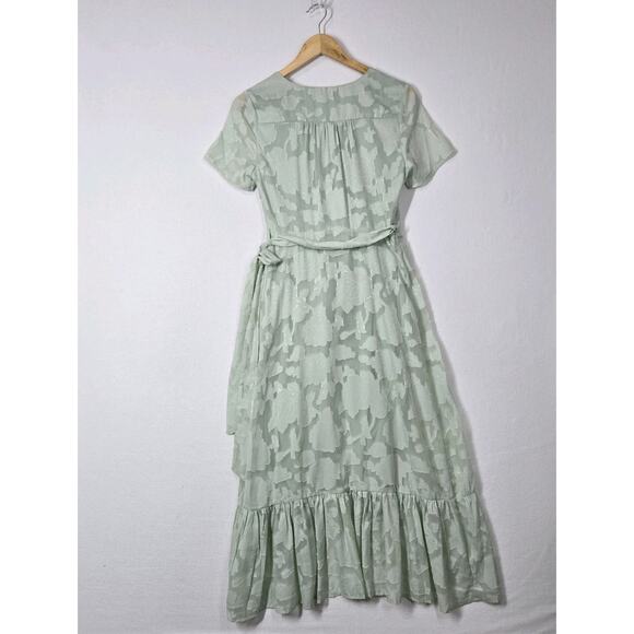 Lulu's Jacquard Short Sleeve Wrap Midi Dress S Blissfully Sage Green Ruffle - Picture 7 of 12